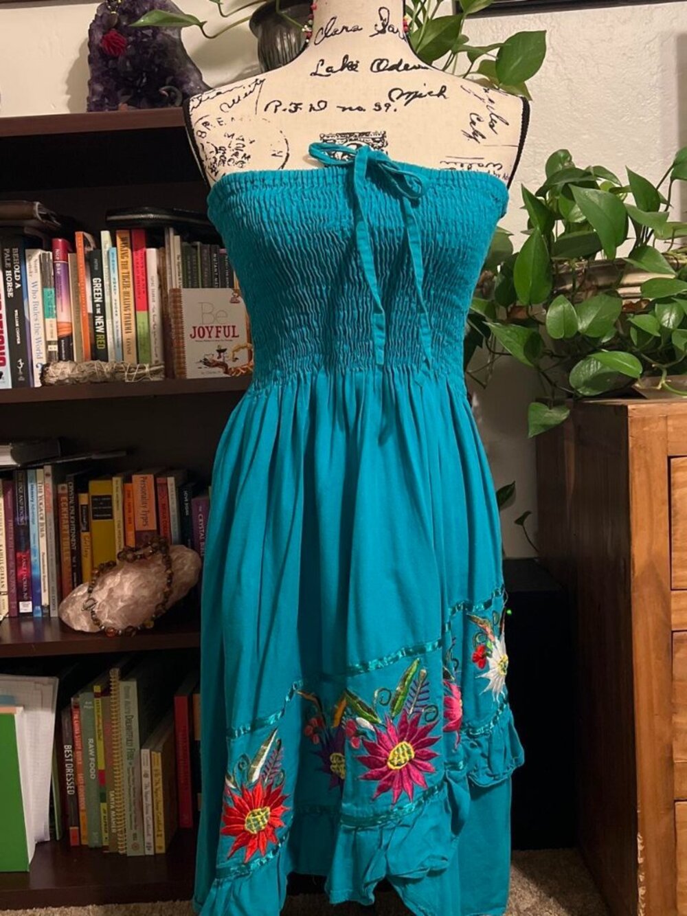 Boho Turquoise Strapless Tube Dress Colorful Floral Embroidery Hi‑Lo Hem